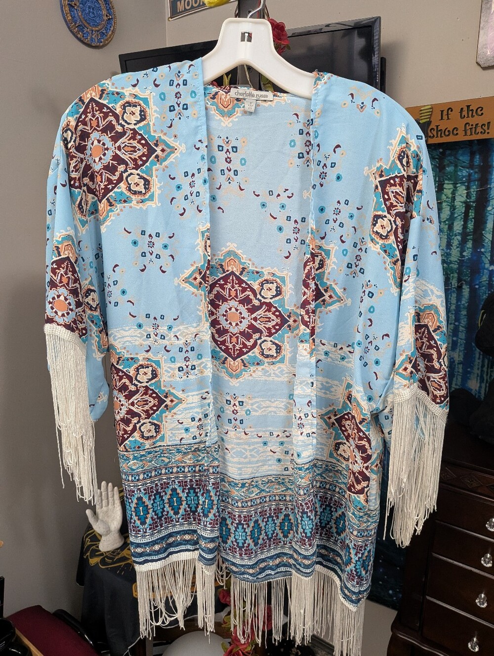 Charlotte Russe Light Blue Boho Print Kimono, Size Medium